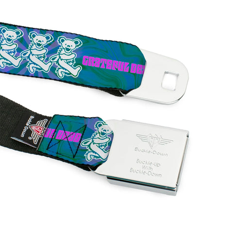 Grateful Dead - Grateful Dead Bear Seatbelt Belt - GRATEFUL DEAD Dancing Bear Trio Rays/Swirl Blues/Purples/Pink/White Webbing - StealieShop