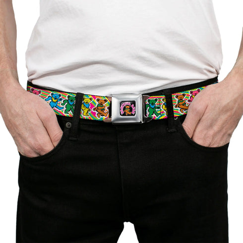 Grateful Dead - GRATEFUL DEAD Dancing Bear Icon Full Color Black/Orange Seatbelt Belt - Grateful Dead Dancing Bears Swirl Multi Color Webbing - StealieShop