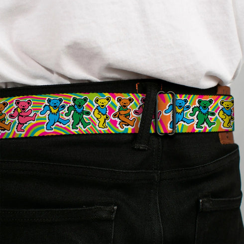 Grateful Dead - GRATEFUL DEAD Dancing Bear Icon Full Color Black/Orange Seatbelt Belt - Grateful Dead Dancing Bears Swirl Multi Color Webbing - StealieShop