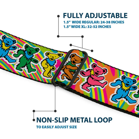 Grateful Dead - GRATEFUL DEAD Dancing Bear Icon Full Color Black/Orange Seatbelt Belt - Grateful Dead Dancing Bears Swirl Multi Color Webbing - StealieShop