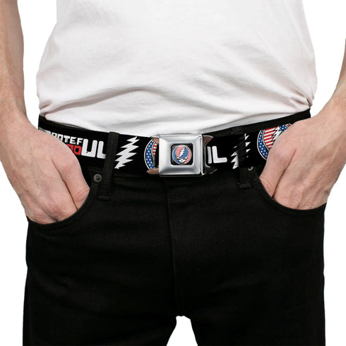 Grateful Dead - Grateful Dead Steal Your Face Stars and Stripes Logo Full Color Black/White/Red/Blue Seatbelt Belt - GRATEFUL DEAD Text with Steal Your Face Stars and Stripes Logo Black/White/Red/Blue Webbing - StealieShop