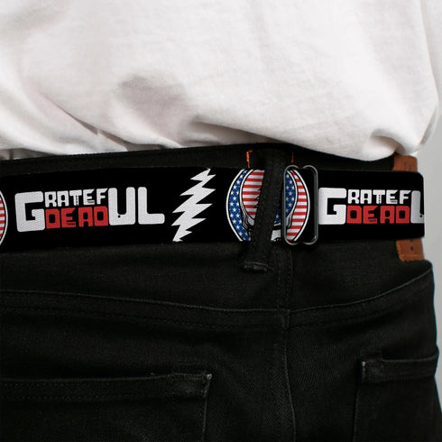 Grateful Dead - Grateful Dead Steal Your Face Stars and Stripes Logo Full Color Black/White/Red/Blue Seatbelt Belt - GRATEFUL DEAD Text with Steal Your Face Stars and Stripes Logo Black/White/Red/Blue Webbing - StealieShop
