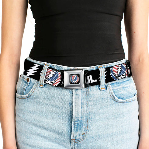 Grateful Dead - Grateful Dead Steal Your Face Stars and Stripes Logo Full Color Black/White/Red/Blue Seatbelt Belt - GRATEFUL DEAD Text with Steal Your Face Stars and Stripes Logo Black/White/Red/Blue Webbing - StealieShop