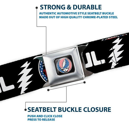 Grateful Dead - Grateful Dead Steal Your Face Stars and Stripes Logo Full Color Black/White/Red/Blue Seatbelt Belt - GRATEFUL DEAD Text with Steal Your Face Stars and Stripes Logo Black/White/Red/Blue Webbing - StealieShop