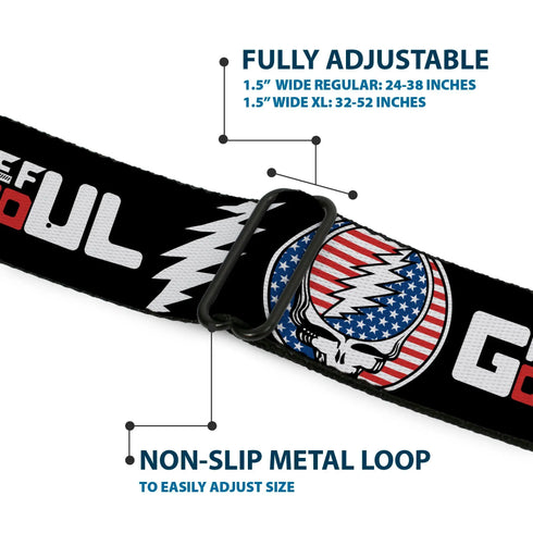 Grateful Dead - Grateful Dead Steal Your Face Stars and Stripes Logo Full Color Black/White/Red/Blue Seatbelt Belt - GRATEFUL DEAD Text with Steal Your Face Stars and Stripes Logo Black/White/Red/Blue Webbing - StealieShop
