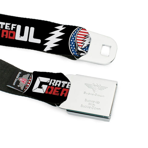 Grateful Dead - Grateful Dead Steal Your Face Stars and Stripes Logo Full Color Black/White/Red/Blue Seatbelt Belt - GRATEFUL DEAD Text with Steal Your Face Stars and Stripes Logo Black/White/Red/Blue Webbing - StealieShop