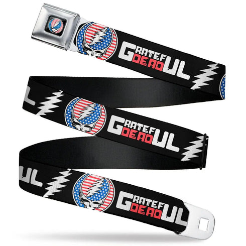 Grateful Dead - Grateful Dead Steal Your Face Stars and Stripes Logo Full Color Black/White/Red/Blue Seatbelt Belt - GRATEFUL DEAD Text with Steal Your Face Stars and Stripes Logo Black/White/Red/Blue Webbing - StealieShop