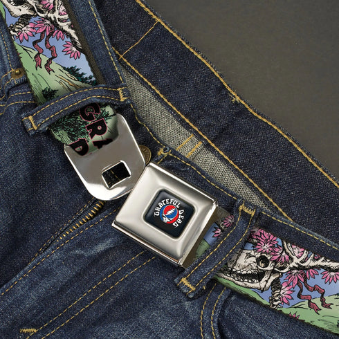 Grateful Dead - GRATEFUL DEAD Text with Steal Your Face Logo Full Color Black Seatbelt Belt - Grateful Dead Dave's Picks Volume Nine Montana Cover Art Webbing - StealieShop