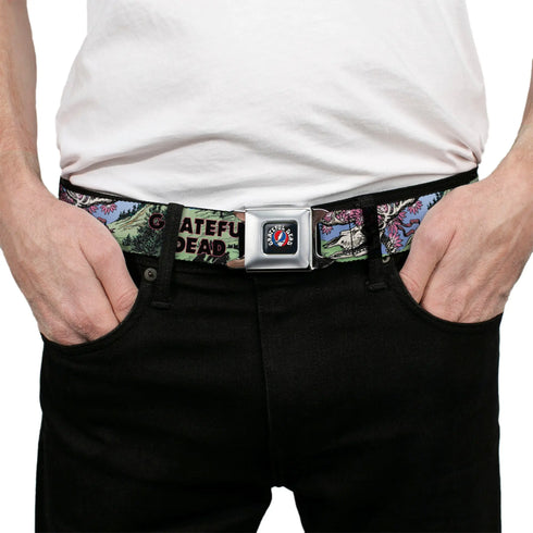 Grateful Dead - GRATEFUL DEAD Text with Steal Your Face Logo Full Color Black Seatbelt Belt - Grateful Dead Dave's Picks Volume Nine Montana Cover Art Webbing - StealieShop