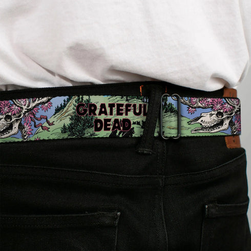 Grateful Dead - GRATEFUL DEAD Text with Steal Your Face Logo Full Color Black Seatbelt Belt - Grateful Dead Dave's Picks Volume Nine Montana Cover Art Webbing - StealieShop
