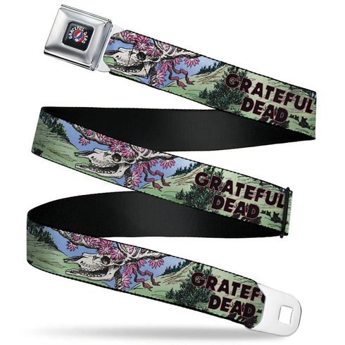 Grateful Dead - GRATEFUL DEAD Text with Steal Your Face Logo Full Color Black Seatbelt Belt - Grateful Dead Dave's Picks Volume Nine Montana Cover Art Webbing - StealieShop