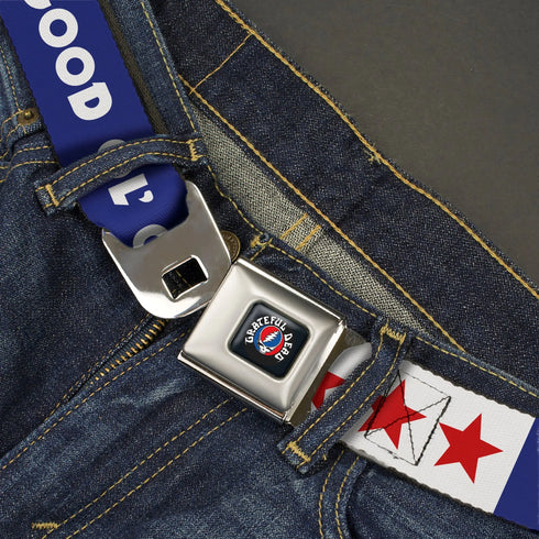 Grateful Dead - GRATEFUL DEAD Text with Steal Your Face Logo Full Color Black Seatbelt Belt - GOOD OL' GRATEFUL DEAD Text and Stars Blue/White/Red Webbing - StealieShop