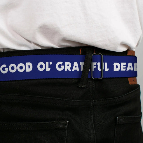 Grateful Dead - GRATEFUL DEAD Text with Steal Your Face Logo Full Color Black Seatbelt Belt - GOOD OL' GRATEFUL DEAD Text and Stars Blue/White/Red Webbing - StealieShop
