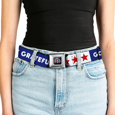 Grateful Dead - GRATEFUL DEAD Text with Steal Your Face Logo Full Color Black Seatbelt Belt - GOOD OL' GRATEFUL DEAD Text and Stars Blue/White/Red Webbing - StealieShop