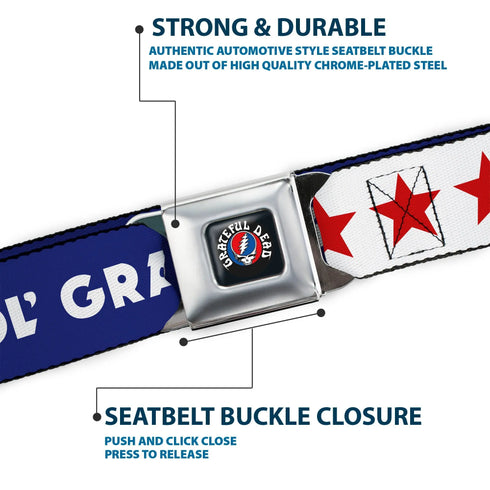 Grateful Dead - GRATEFUL DEAD Text with Steal Your Face Logo Full Color Black Seatbelt Belt - GOOD OL' GRATEFUL DEAD Text and Stars Blue/White/Red Webbing - StealieShop