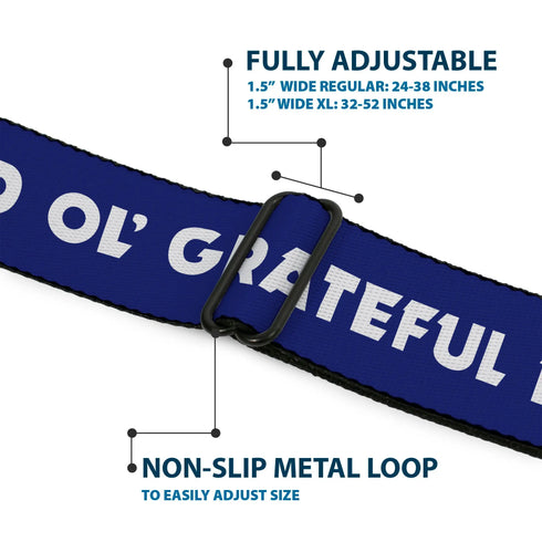 Grateful Dead - GRATEFUL DEAD Text with Steal Your Face Logo Full Color Black Seatbelt Belt - GOOD OL' GRATEFUL DEAD Text and Stars Blue/White/Red Webbing - StealieShop