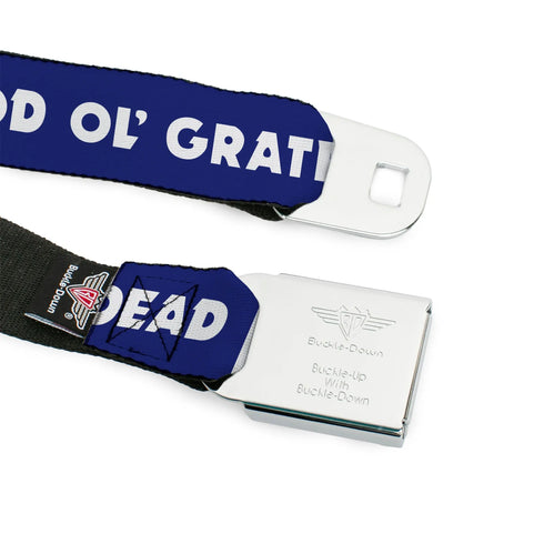 Grateful Dead - GRATEFUL DEAD Text with Steal Your Face Logo Full Color Black Seatbelt Belt - GOOD OL' GRATEFUL DEAD Text and Stars Blue/White/Red Webbing - StealieShop