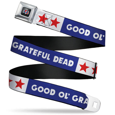 Grateful Dead - GRATEFUL DEAD Text with Steal Your Face Logo Full Color Black Seatbelt Belt - GOOD OL' GRATEFUL DEAD Text and Stars Blue/White/Red Webbing - StealieShop