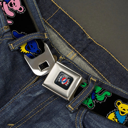 Grateful Dead - GRATEFUL DEAD Text with Steal Your Face Logo Full Color Black Seatbelt Belt - Grateful Dead Dancing Bears Close-Up Black/Multi Color Webbing - StealieShop