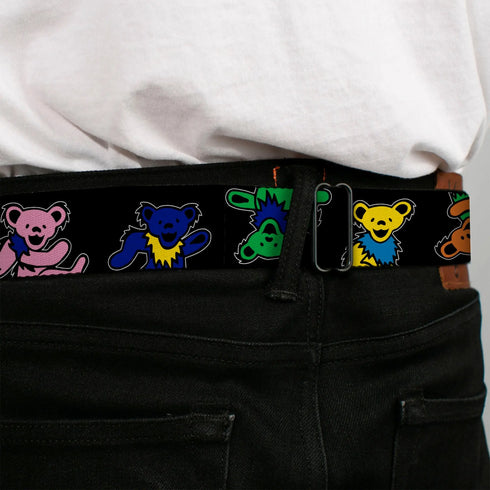 Grateful Dead - GRATEFUL DEAD Text with Steal Your Face Logo Full Color Black Seatbelt Belt - Grateful Dead Dancing Bears Close-Up Black/Multi Color Webbing - StealieShop