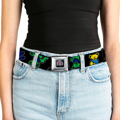 Grateful Dead - GRATEFUL DEAD Text with Steal Your Face Logo Full Color Black Seatbelt Belt - Grateful Dead Dancing Bears Close-Up Black/Multi Color Webbing - StealieShop