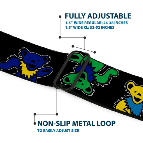 Grateful Dead - GRATEFUL DEAD Text with Steal Your Face Logo Full Color Black Seatbelt Belt - Grateful Dead Dancing Bears Close-Up Black/Multi Color Webbing - StealieShop
