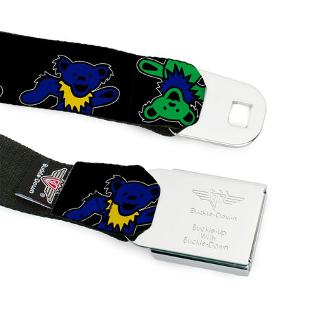 Grateful Dead - GRATEFUL DEAD Text with Steal Your Face Logo Full Color Black Seatbelt Belt - Grateful Dead Dancing Bears Close-Up Black/Multi Color Webbing - StealieShop