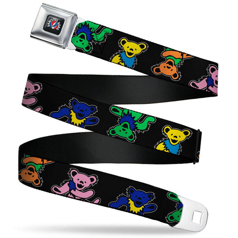 Grateful Dead - GRATEFUL DEAD Text with Steal Your Face Logo Full Color Black Seatbelt Belt - Grateful Dead Dancing Bears Close-Up Black/Multi Color Webbing - StealieShop