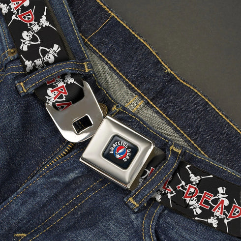 Grateful Dead - GRATEFUL DEAD Text with Steal Your Face Logo Full Color Black Seatbelt Belt - GRATEFUL DEAD Dancing Skeletons and Text Black/White/Red Webbing - StealieShop