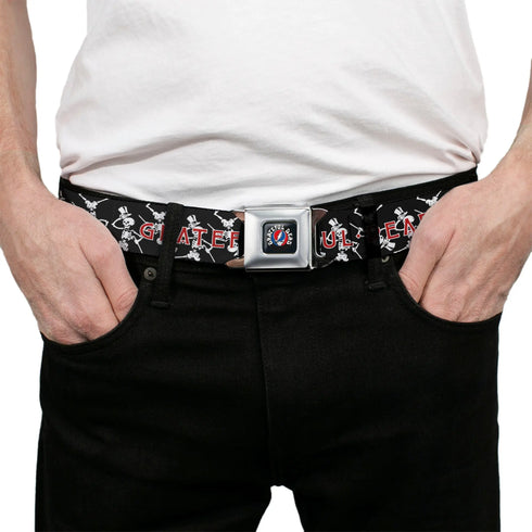 Grateful Dead - GRATEFUL DEAD Text with Steal Your Face Logo Full Color Black Seatbelt Belt - GRATEFUL DEAD Dancing Skeletons and Text Black/White/Red Webbing - StealieShop