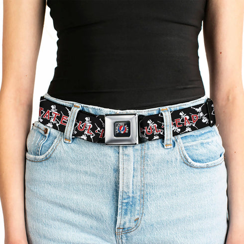 Grateful Dead - GRATEFUL DEAD Text with Steal Your Face Logo Full Color Black Seatbelt Belt - GRATEFUL DEAD Dancing Skeletons and Text Black/White/Red Webbing - StealieShop