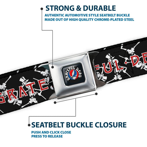 Grateful Dead - GRATEFUL DEAD Text with Steal Your Face Logo Full Color Black Seatbelt Belt - GRATEFUL DEAD Dancing Skeletons and Text Black/White/Red Webbing - StealieShop