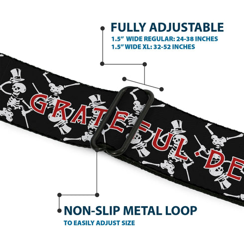 Grateful Dead - GRATEFUL DEAD Text with Steal Your Face Logo Full Color Black Seatbelt Belt - GRATEFUL DEAD Dancing Skeletons and Text Black/White/Red Webbing - StealieShop