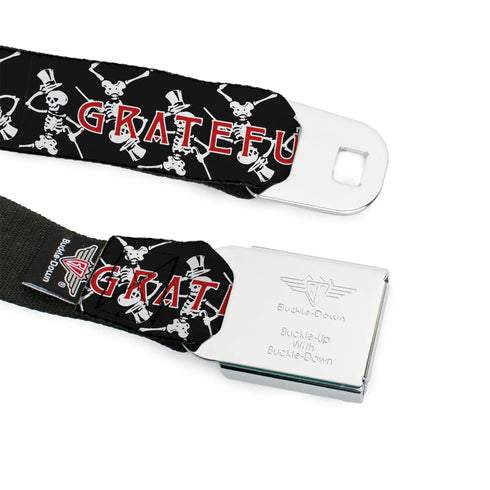 Grateful Dead - GRATEFUL DEAD Text with Steal Your Face Logo Full Color Black Seatbelt Belt - GRATEFUL DEAD Dancing Skeletons and Text Black/White/Red Webbing - StealieShop