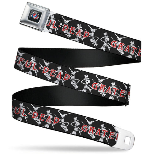 Grateful Dead - GRATEFUL DEAD Text with Steal Your Face Logo Full Color Black Seatbelt Belt - GRATEFUL DEAD Dancing Skeletons and Text Black/White/Red Webbing - StealieShop