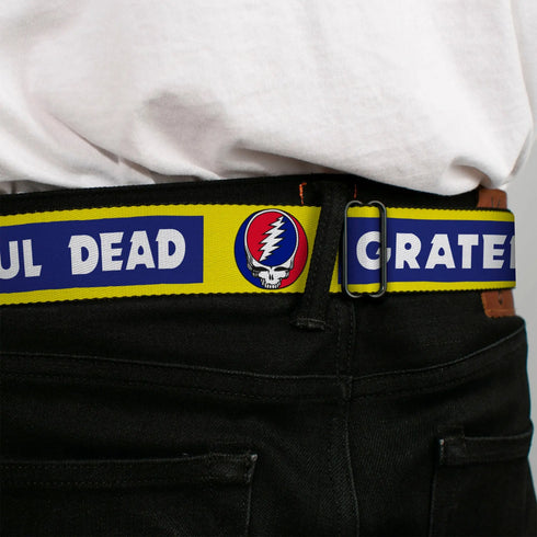 Grateful Dead - GRATEFUL DEAD Text with Steal Your Face Logo Full Color Black Seatbelt Belt - GRATEFUL DEAD Text Box and Steal Your Face Logo Yellow/Blue/White Webbing - StealieShop