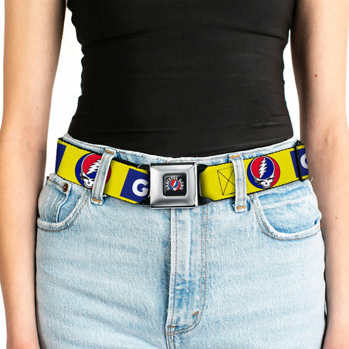 Grateful Dead - GRATEFUL DEAD Text with Steal Your Face Logo Full Color Black Seatbelt Belt - GRATEFUL DEAD Text Box and Steal Your Face Logo Yellow/Blue/White Webbing - StealieShop