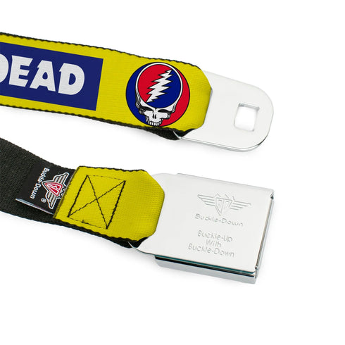Grateful Dead - GRATEFUL DEAD Text with Steal Your Face Logo Full Color Black Seatbelt Belt - GRATEFUL DEAD Text Box and Steal Your Face Logo Yellow/Blue/White Webbing - StealieShop