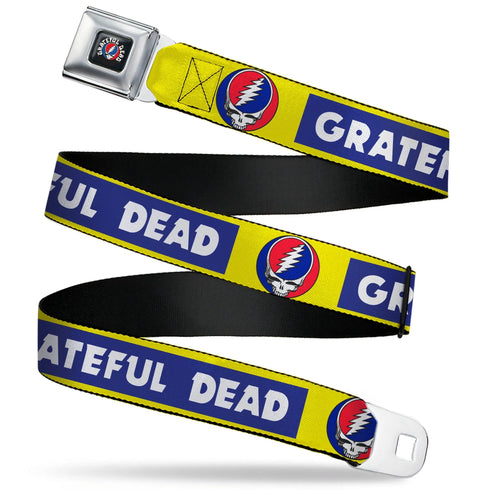 Grateful Dead - GRATEFUL DEAD Text with Steal Your Face Logo Full Color Black Seatbelt Belt - GRATEFUL DEAD Text Box and Steal Your Face Logo Yellow/Blue/White Webbing - StealieShop