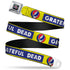 Grateful Dead - GRATEFUL DEAD Text with Steal Your Face Logo Full Color Black Seatbelt Belt - GRATEFUL DEAD Text Box and Steal Your Face Logo Yellow/Blue/White Webbing - StealieShop