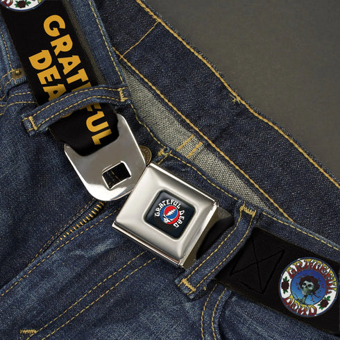 Grateful Dead - GRATEFUL DEAD Text with Steal Your Face Logo Full Color Black Seatbelt Belt - GRATEFUL DEAD Text and Skull and Roses Round Logo Black/Yellow Webbing - StealieShop
