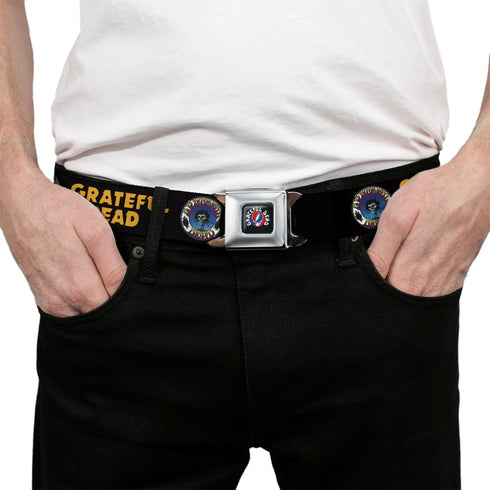 Grateful Dead - GRATEFUL DEAD Text with Steal Your Face Logo Full Color Black Seatbelt Belt - GRATEFUL DEAD Text and Skull and Roses Round Logo Black/Yellow Webbing - StealieShop