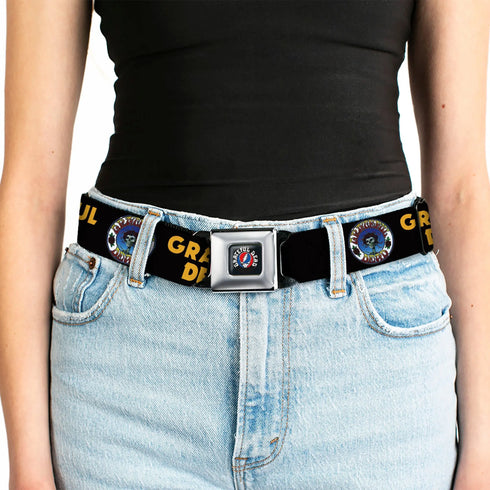 Grateful Dead - GRATEFUL DEAD Text with Steal Your Face Logo Full Color Black Seatbelt Belt - GRATEFUL DEAD Text and Skull and Roses Round Logo Black/Yellow Webbing - StealieShop