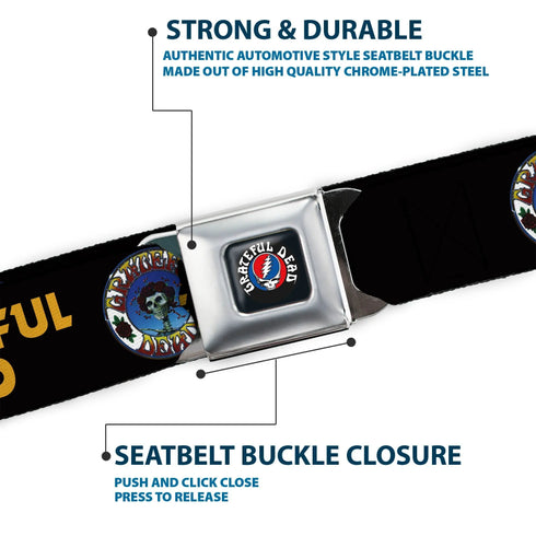 Grateful Dead - GRATEFUL DEAD Text with Steal Your Face Logo Full Color Black Seatbelt Belt - GRATEFUL DEAD Text and Skull and Roses Round Logo Black/Yellow Webbing - StealieShop