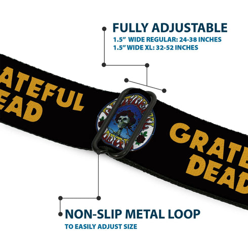 Grateful Dead - GRATEFUL DEAD Text with Steal Your Face Logo Full Color Black Seatbelt Belt - GRATEFUL DEAD Text and Skull and Roses Round Logo Black/Yellow Webbing - StealieShop