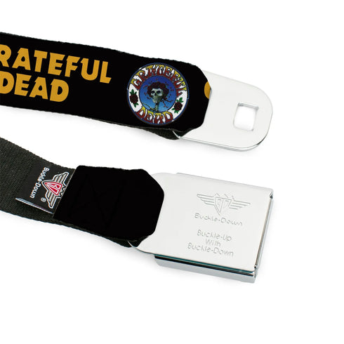 Grateful Dead - GRATEFUL DEAD Text with Steal Your Face Logo Full Color Black Seatbelt Belt - GRATEFUL DEAD Text and Skull and Roses Round Logo Black/Yellow Webbing - StealieShop