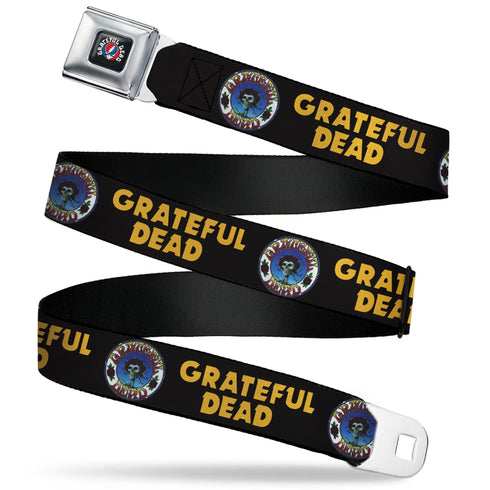 Grateful Dead - GRATEFUL DEAD Text with Steal Your Face Logo Full Color Black Seatbelt Belt - GRATEFUL DEAD Text and Skull and Roses Round Logo Black/Yellow Webbing - StealieShop