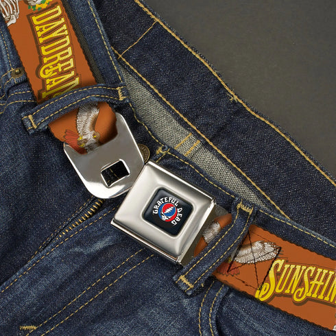 Grateful Dead - GRATEFUL DEAD Text with Steal Your Face Logo Full Color Black Seatbelt Belt - Grateful Dead SUNSHINE DAYDREAM Skeleton Orange Webbing - StealieShop