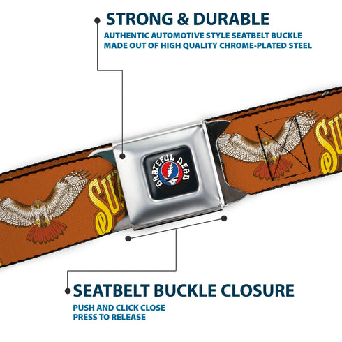 Grateful Dead - GRATEFUL DEAD Text with Steal Your Face Logo Full Color Black Seatbelt Belt - Grateful Dead SUNSHINE DAYDREAM Skeleton Orange Webbing - StealieShop