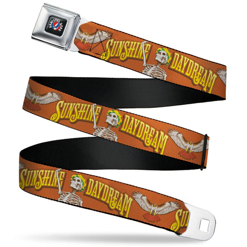 Grateful Dead - GRATEFUL DEAD Text with Steal Your Face Logo Full Color Black Seatbelt Belt - Grateful Dead SUNSHINE DAYDREAM Skeleton Orange Webbing - StealieShop